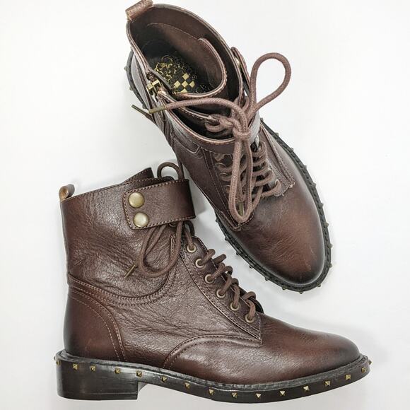 Vince Camuto 6 brown leather Talorini Combat Boot studded lace up low heel ankle - Picture 1 of 7